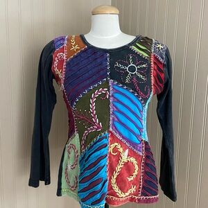 Rising International Boho Patchwork 100% Cotton Long Sleeve Shirt Women’s Size M